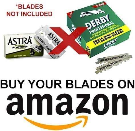 Professional barber razor blade packaging showing Astra and Derby brands with a red X and note that blades are not included. Promotes buying blades on Amazon.