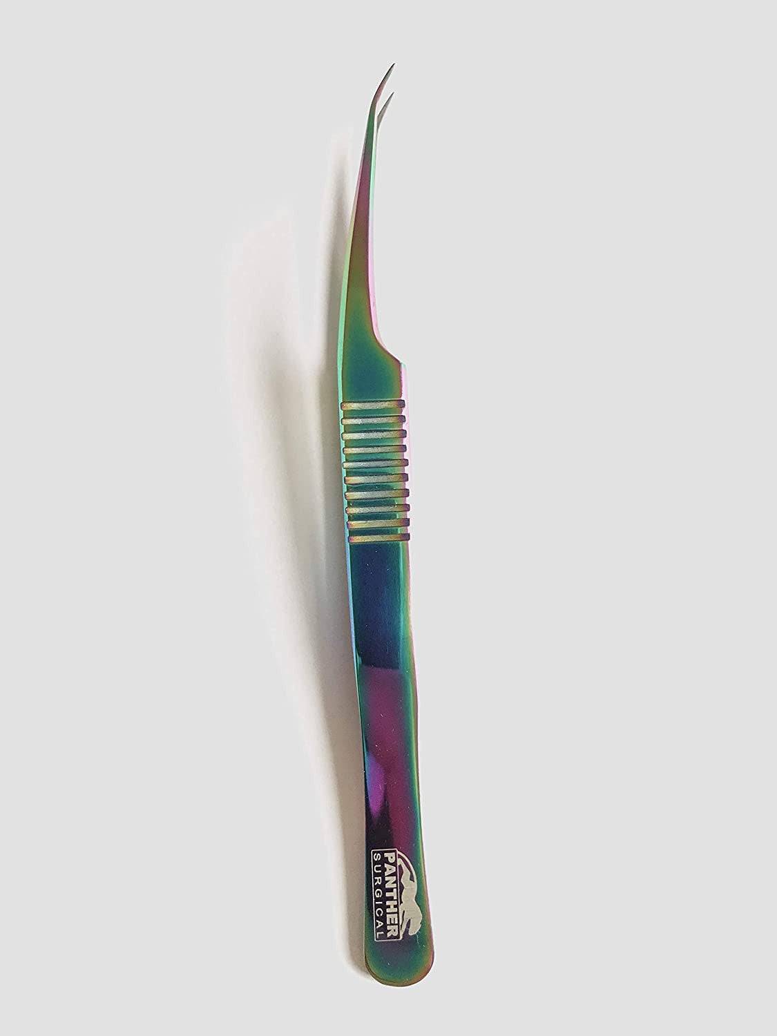 Curved & angled colored eyebrow tweezers from Beauty Care Saloon for precision plucking. Ideal for false lash application and detailed grooming.