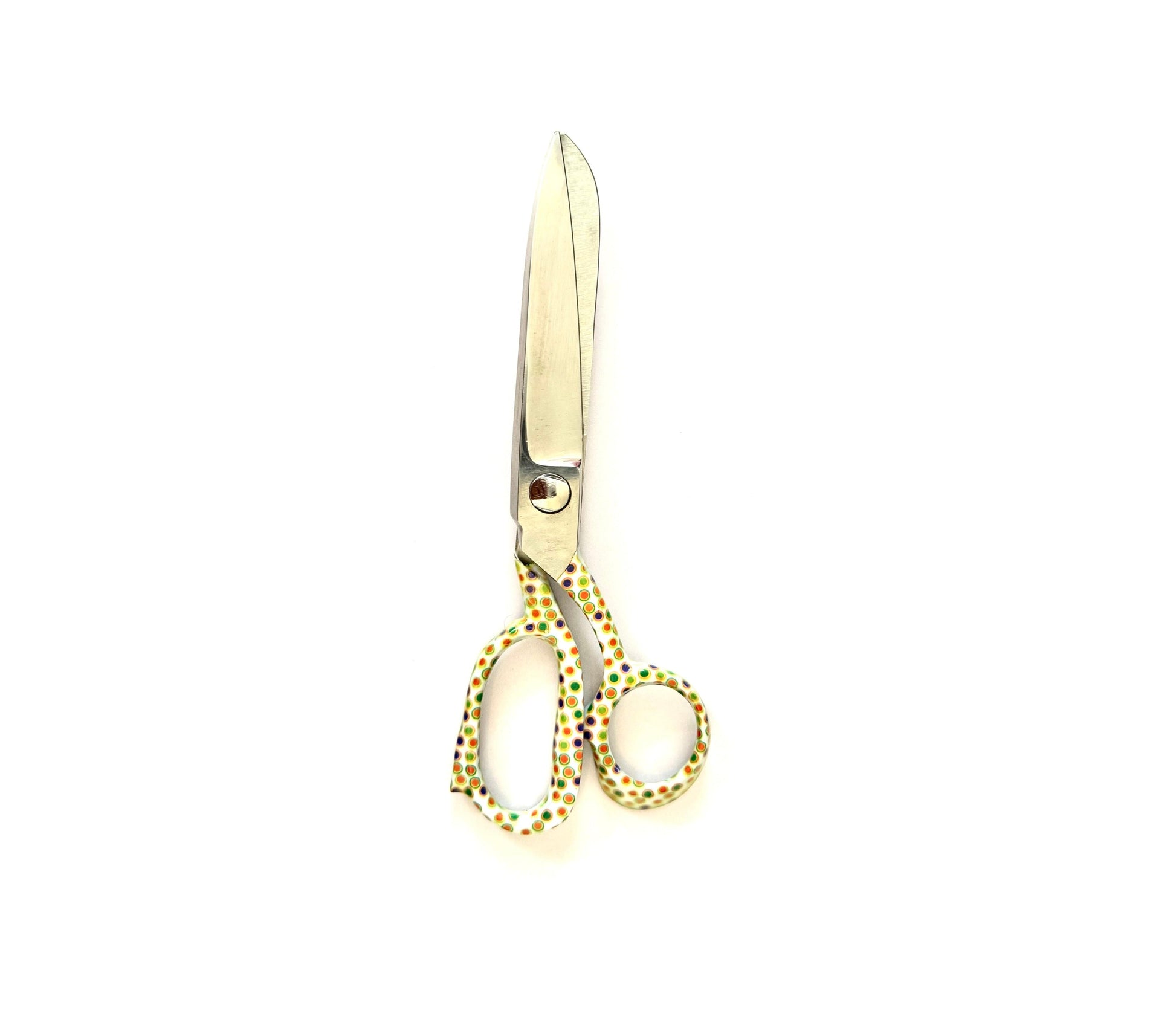 Heavy duty fabric cutting scissors with stainless steel blades and colorful polka dot coated handles, ideal for sewing and tailoring projects.
