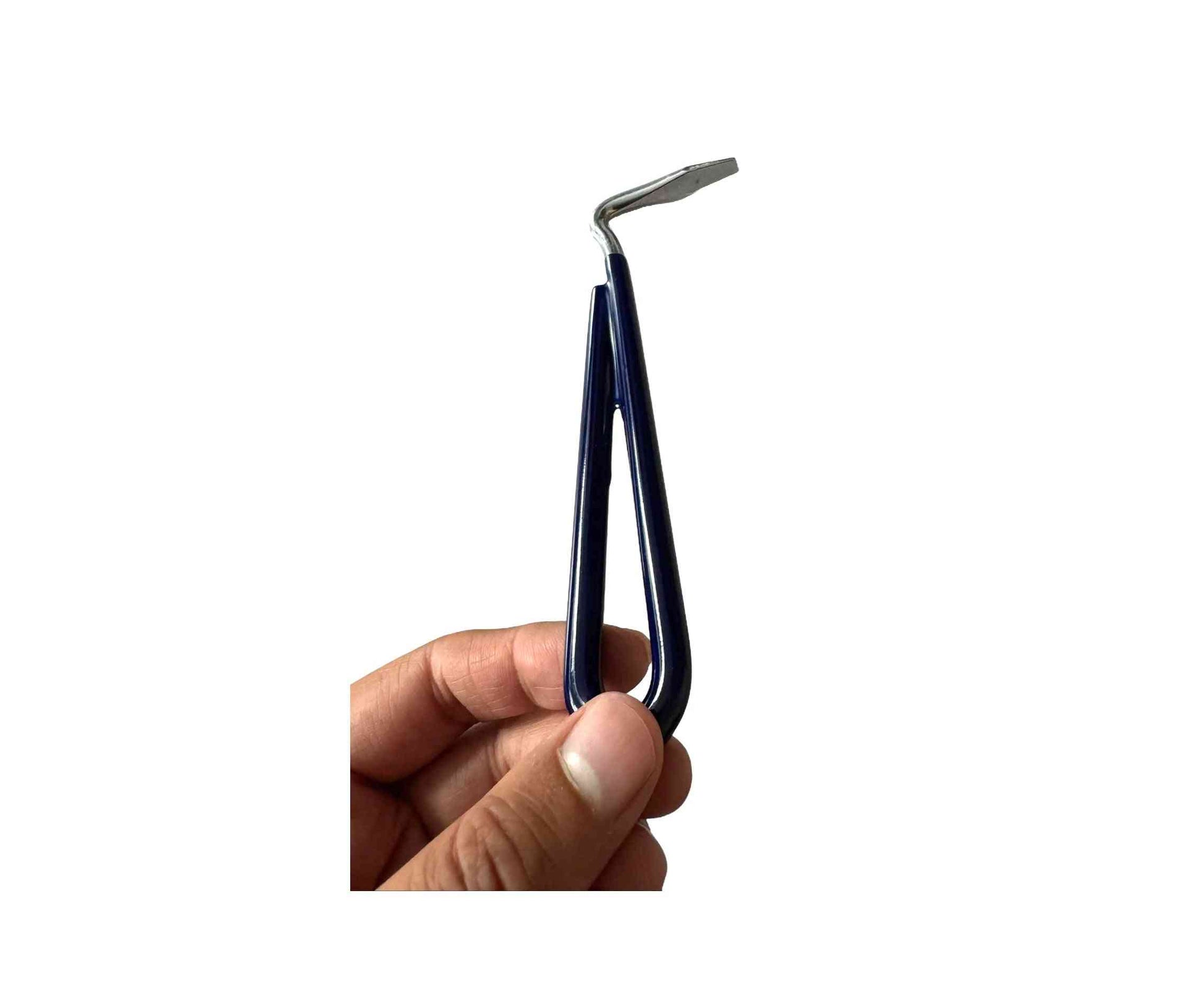 Rubber hoof care pick for horses with a sturdy metal tip and non-slip blue handle. Essential farrier tool for hoof cleaning and maintenance.
