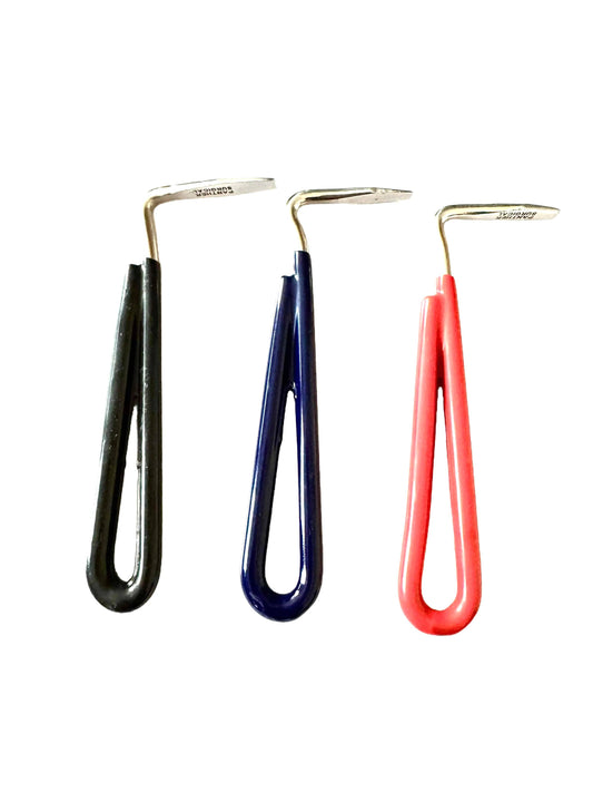 Rubber hoof care pick for horses with a non-slip handle in black, blue, and red. Essential farrier tool for hoof cleaning and maintenance.