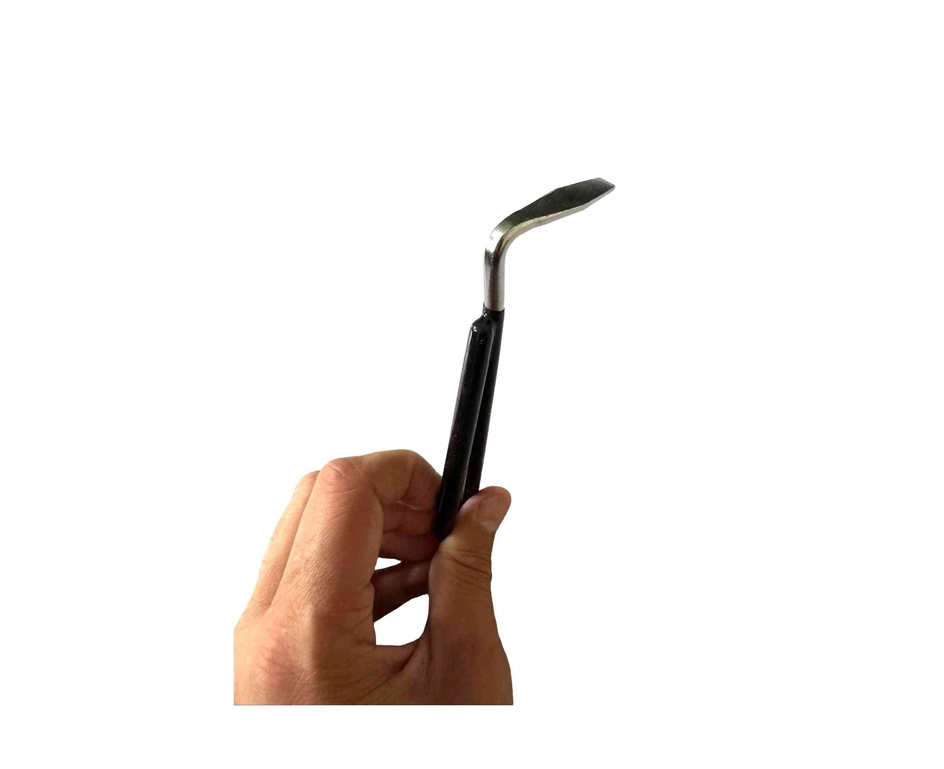 Rubber hoof care pick for horses with a sturdy metal tip and non-slip black handle. Essential farrier tool for hoof cleaning and maintenance.