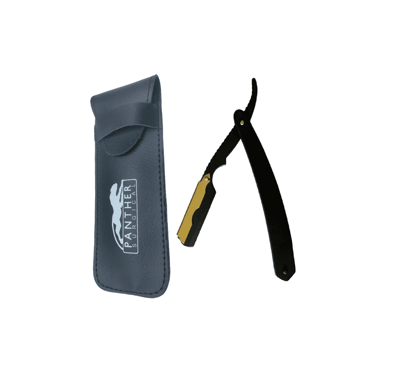 Professional barber straight razor with black and gold stainless steel handle, includes a premium leather case for safe storage. Ideal for precise beard and mustache grooming.