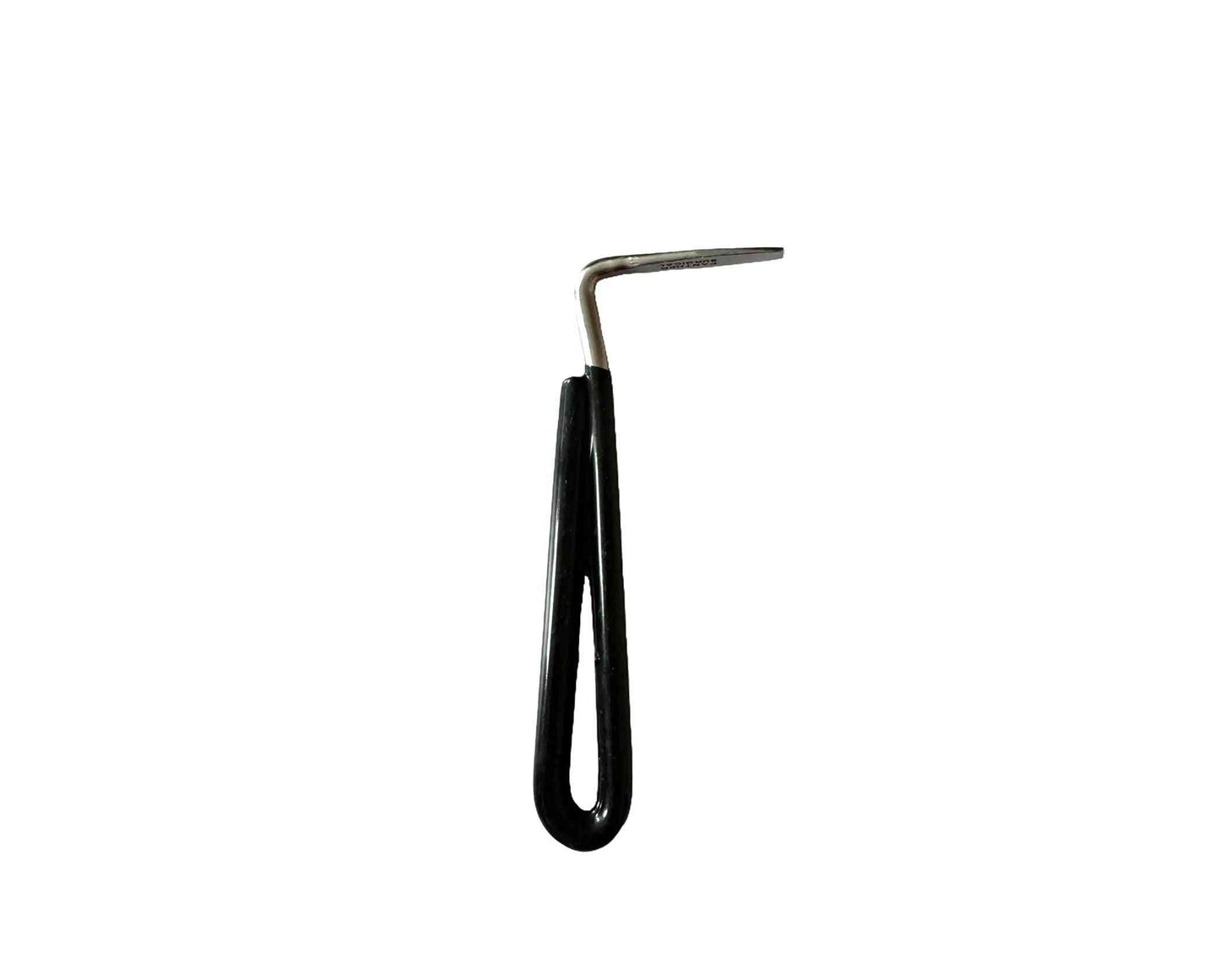 Rubber hoof care pick for horses with a sturdy metal hook and non-slip black rubber handle. Essential farrier tool for hoof cleaning and maintenance.