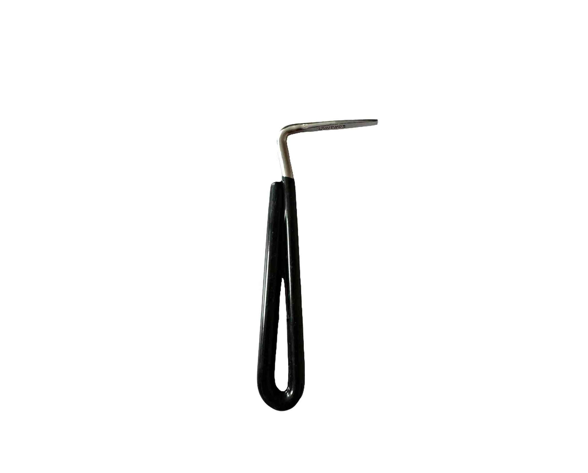 Rubber hoof care pick for horses with a sturdy metal hook and non-slip black rubber handle. Essential farrier tool for hoof cleaning and maintenance.