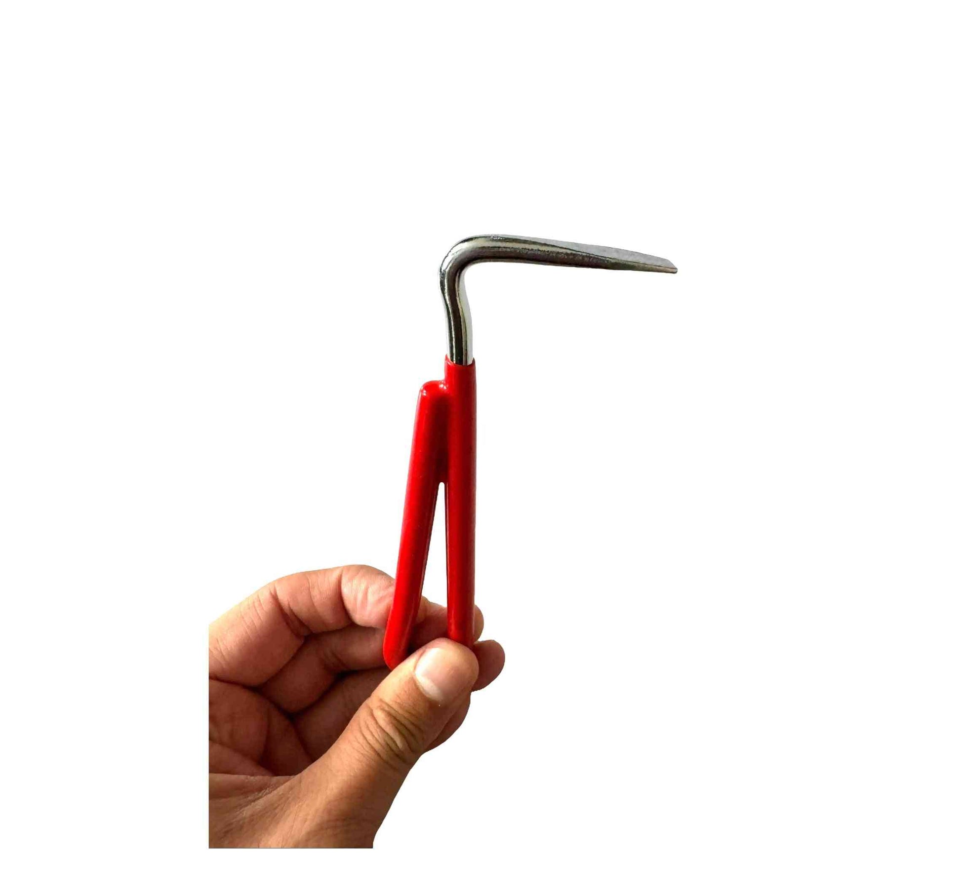 Red rubber hoof care pick for horses with a sturdy metal hook. Essential farrier tool for hoof cleaning and maintenance in equestrian grooming kits.