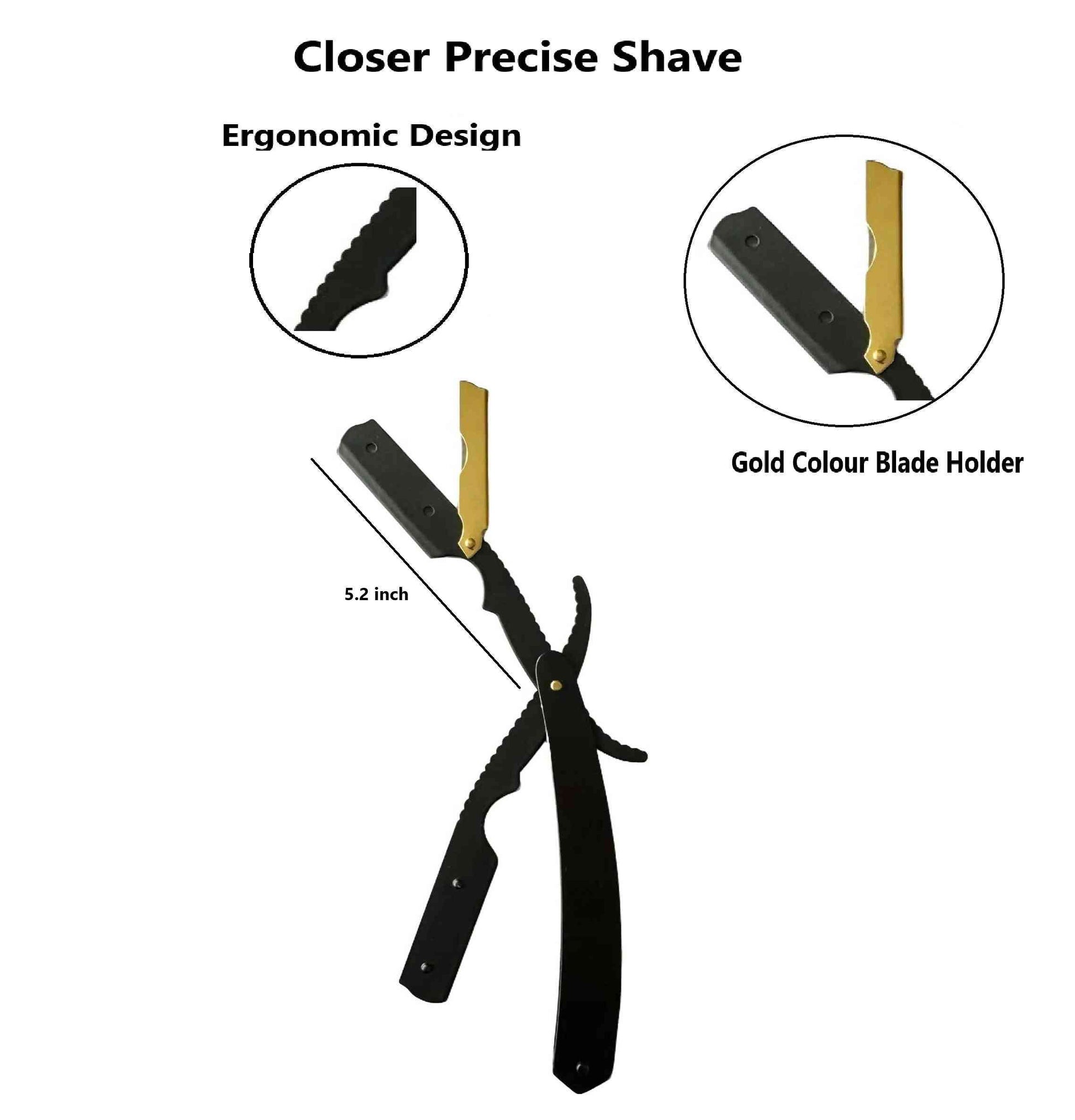 Professional barber straight razor with black ergonomic handle and gold-colored blade holder. Includes a leather case for precise grooming and durability.