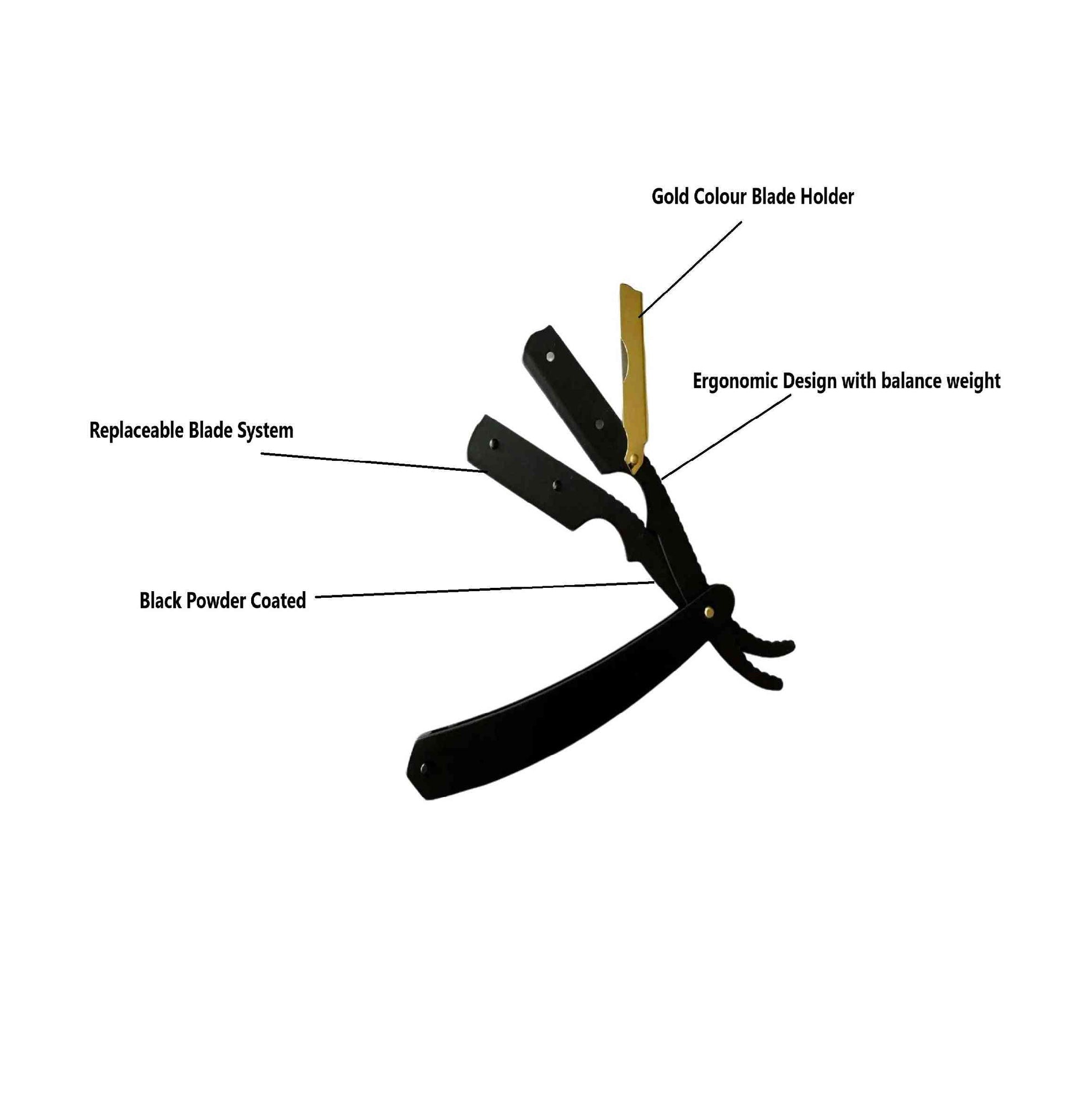 Professional barber straight razor with a black powder-coated stainless steel handle and gold-colored blade holder. Features an ergonomic design with a replaceable blade system for precise grooming. Includes a leather case.