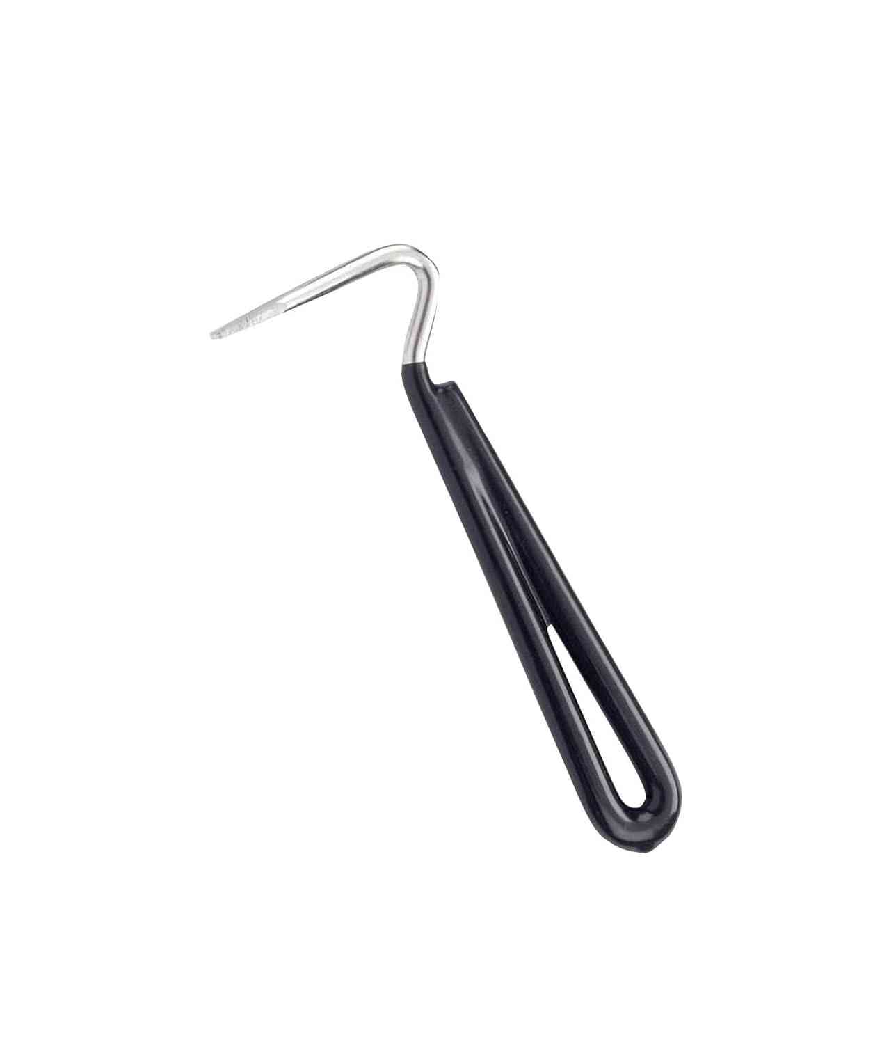Rubber hoof care pick for horses with a sturdy metal hook and ergonomic black rubber handle. Essential farrier tool for hoof cleaning and maintenance.