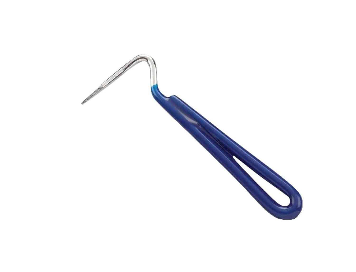 Rubber hoof care pick for horses with a sturdy metal hook and ergonomic blue rubber handle. Essential farrier tool for hoof cleaning and maintenance.