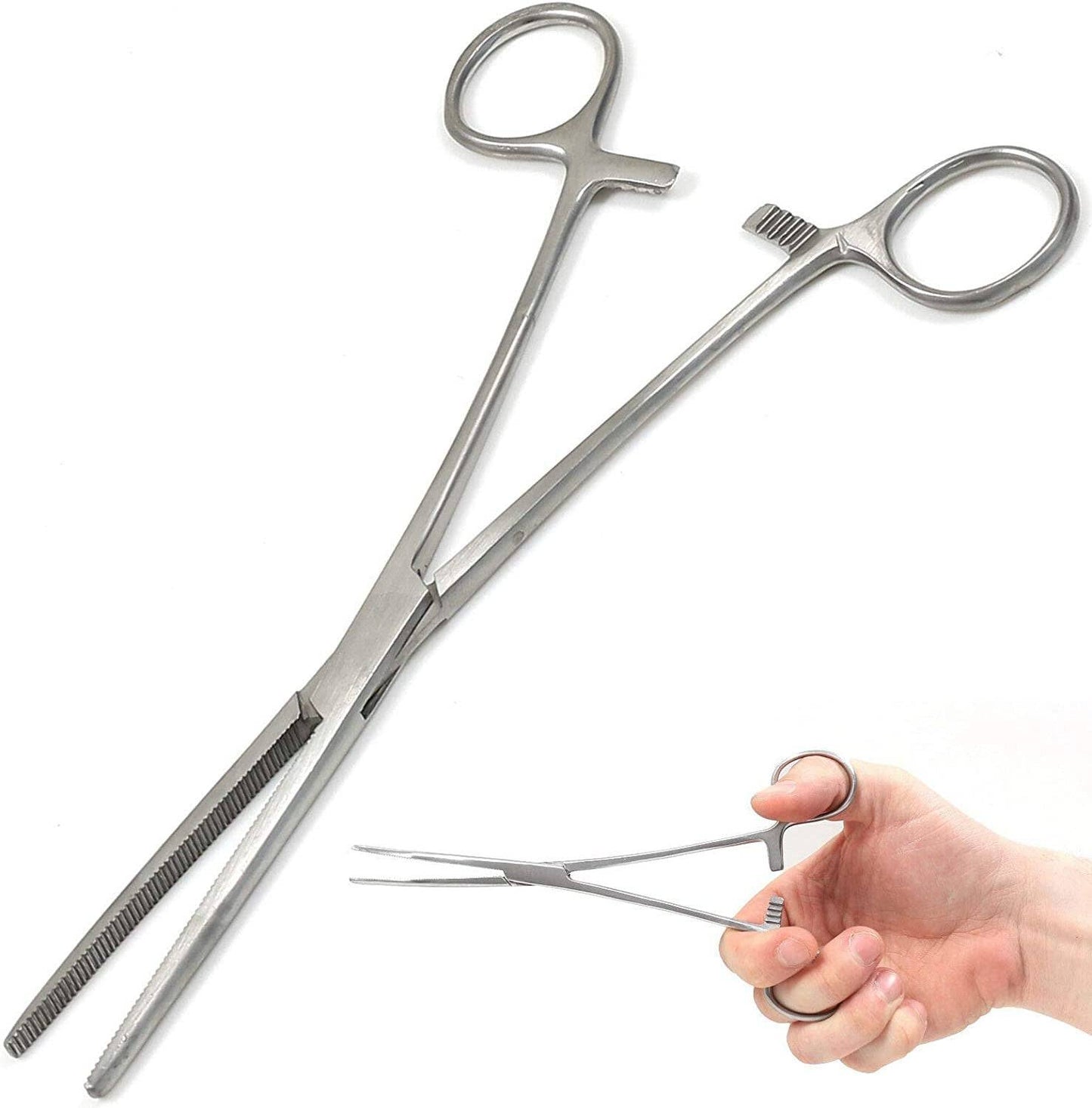 Long straight stainless steel fishing forceps in hand