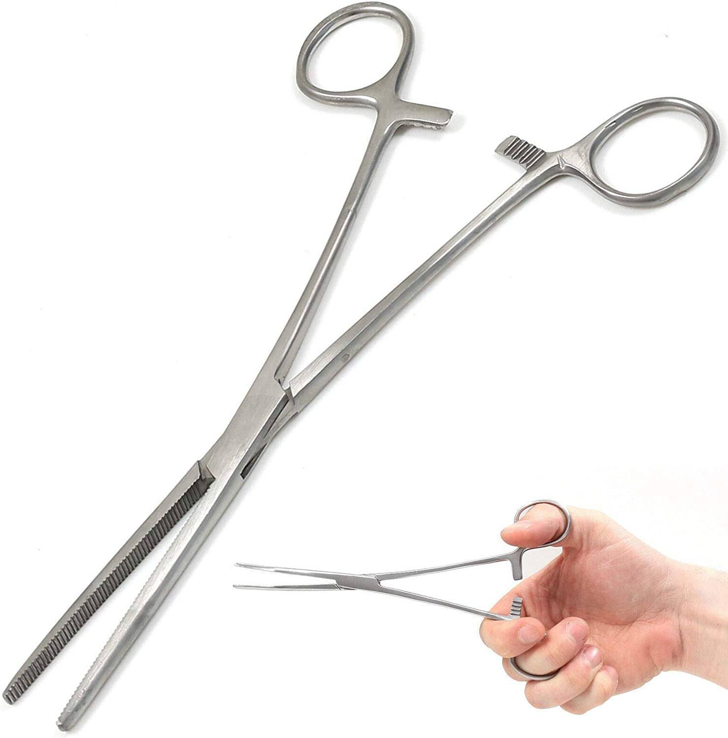 Long straight stainless steel fishing forceps in hand