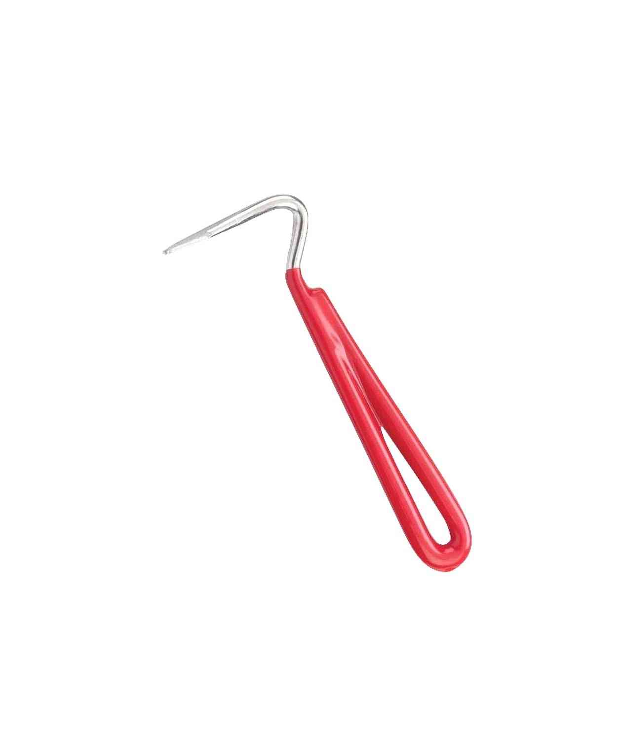 Red hoof care pick with sturdy metal hook and ergonomic rubber handle for horse grooming. Essential farrier tool for hoof cleaning and maintenance.
